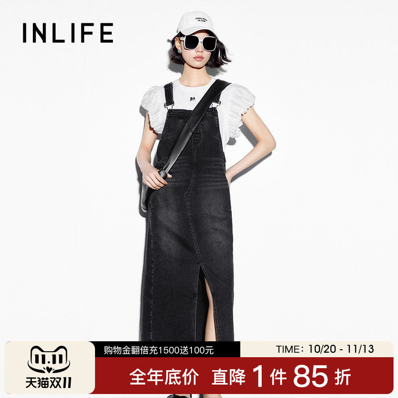 伊纳芙高级复古开叉牛仔背带裙女26夏季新款宽松直筒裙吊带连衣裙