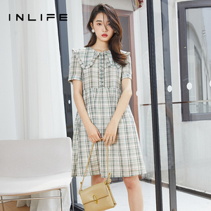inlife娃娃领连衣裙收腰显瘦新款女夏季小众设计感甜美短袖格子裙