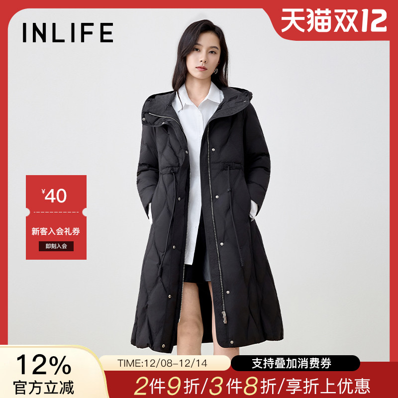 伊纳芙长款收腰连帽羽绒服女25冬季新款时尚加厚保暖过膝鸭绒外套 - 封面
