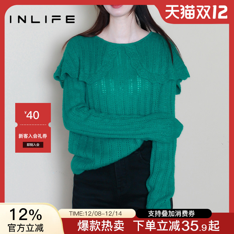 inlife娃娃领圆领长袖针织衫