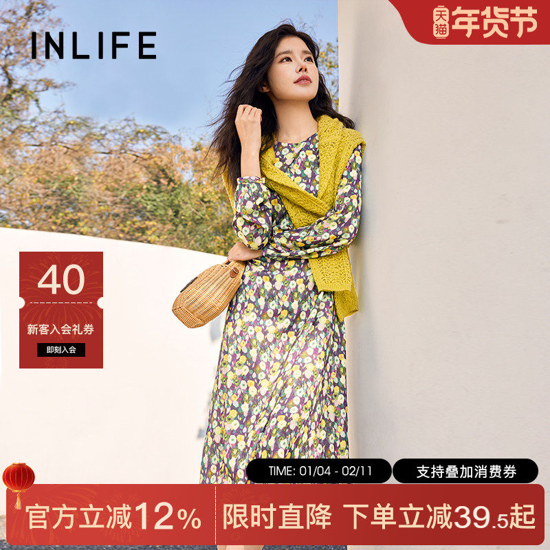 伊纳芙法式圆领印花连衣裙女2025春新款高级收腰显瘦气质中长裙子,女装/女士精品,连衣裙,淘宝优惠券,粉丝福利购,淘宝优惠卷
