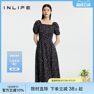开叉显瘦气质中长裙子 伊纳芙法式 方领泡泡袖 波点连衣裙女夏季 新款