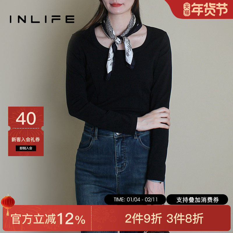 伊纳芙正肩长袖T恤女秋季新款修身显瘦U领打底衫时尚百搭黑色上衣