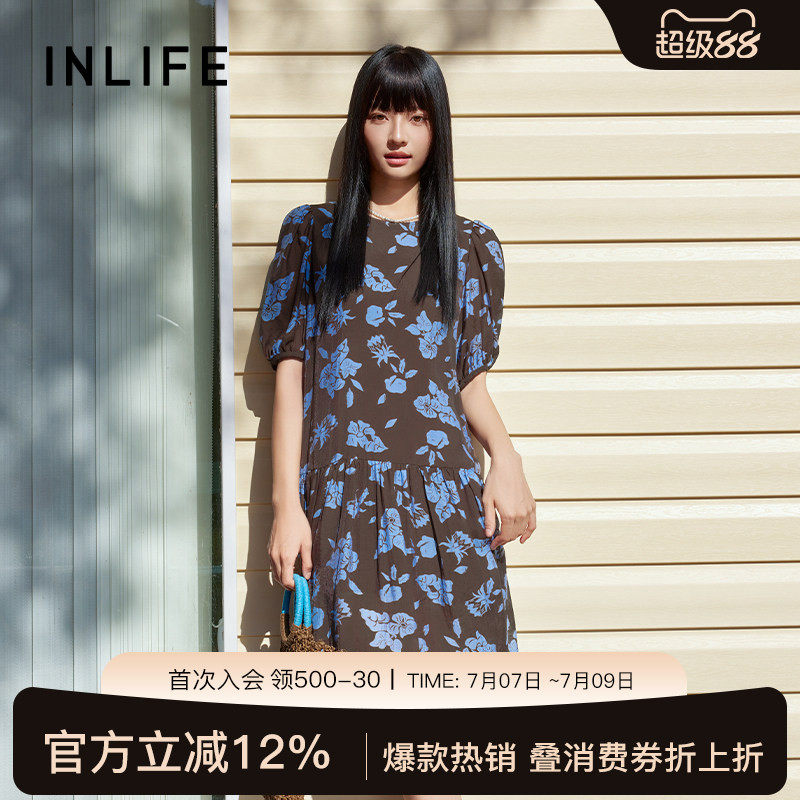 伊纳芙法式复古印花连衣裙女夏季新款度假风圆领泡泡袖宽松A字裙