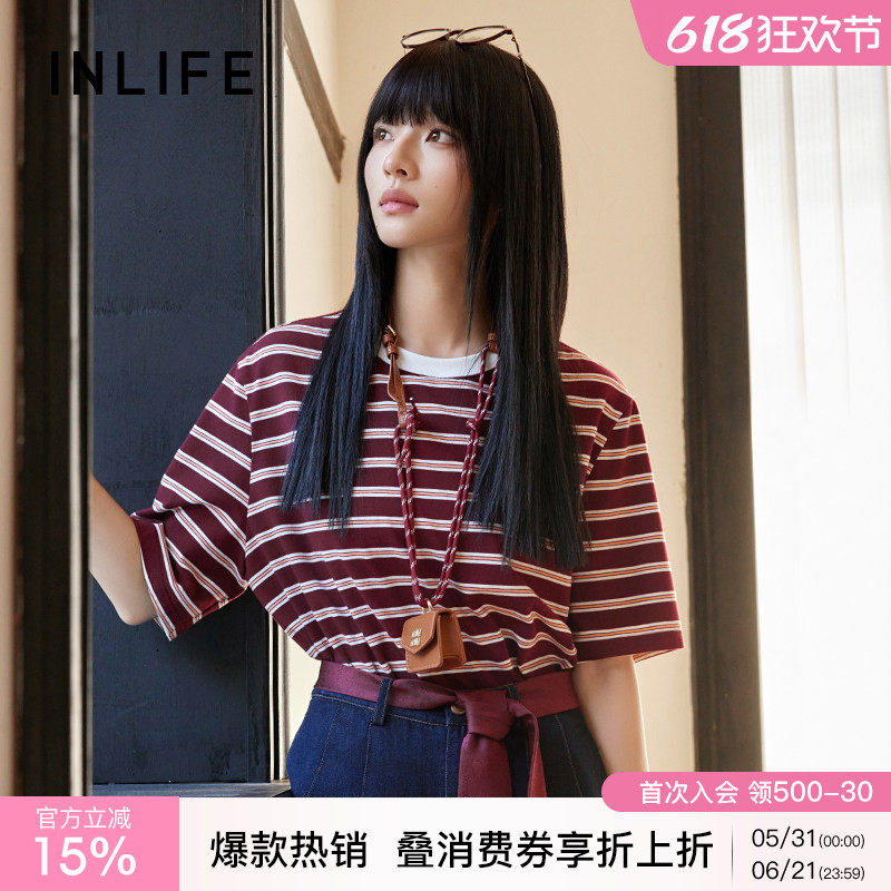 伊纳芙复古港风条纹短袖t恤女夏季新款时尚宽松休闲圆领半袖上衣