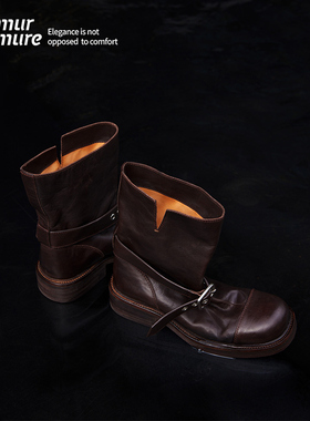 Le' Murmure 意大利水染植鞣小牛皮纯手工褶皱真皮靴子西部短靴女