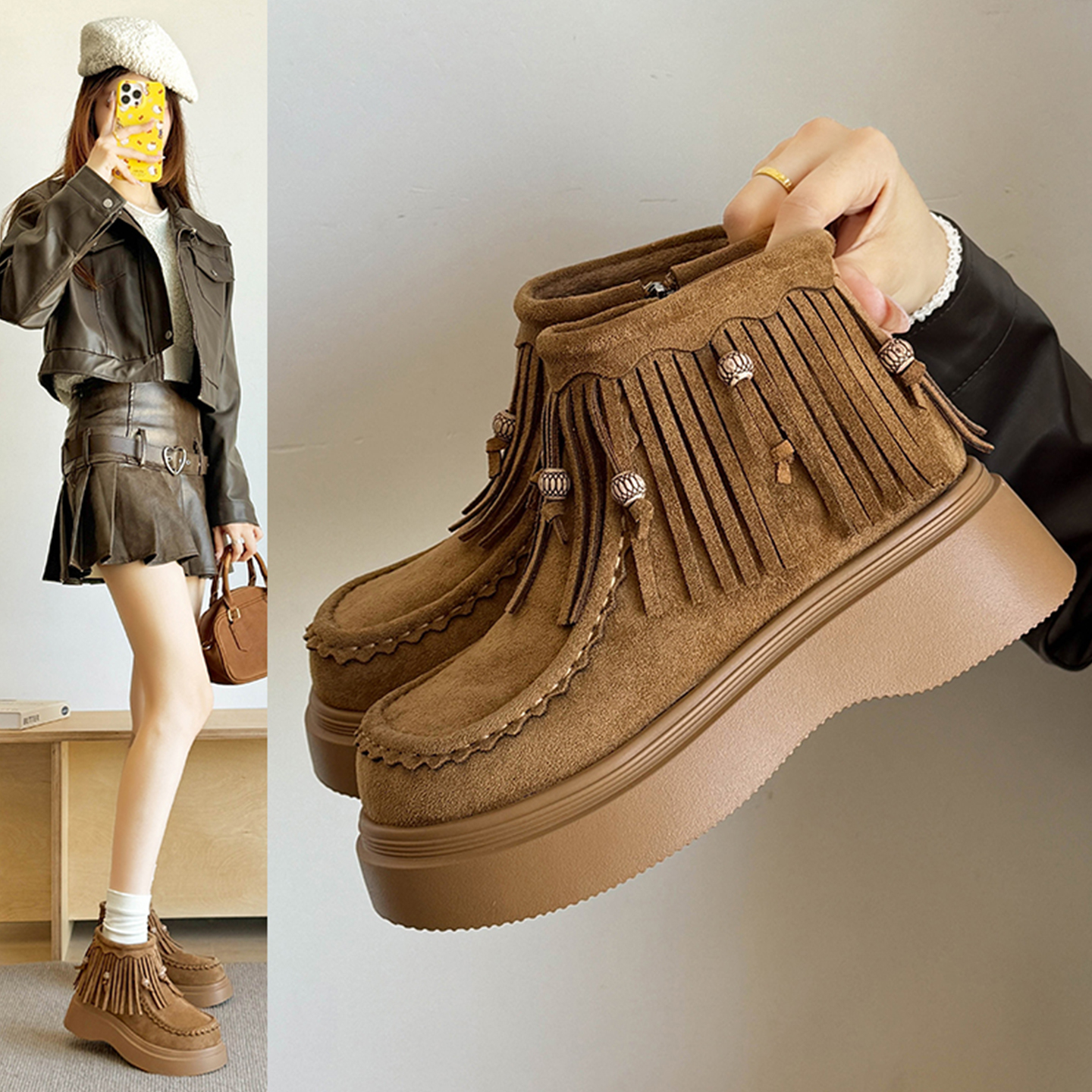 2025新款冬季厚底流苏雪地靴