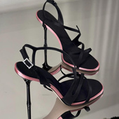 女夏露趾一字带水钻拼色百搭凉鞋 2026新款 细跟黑色性感系带高跟鞋