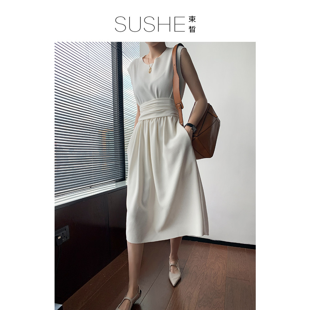 束皙/店主蕞爱si服 无袖chao显瘦腰封大摆连衣裙纯白气质女神裙