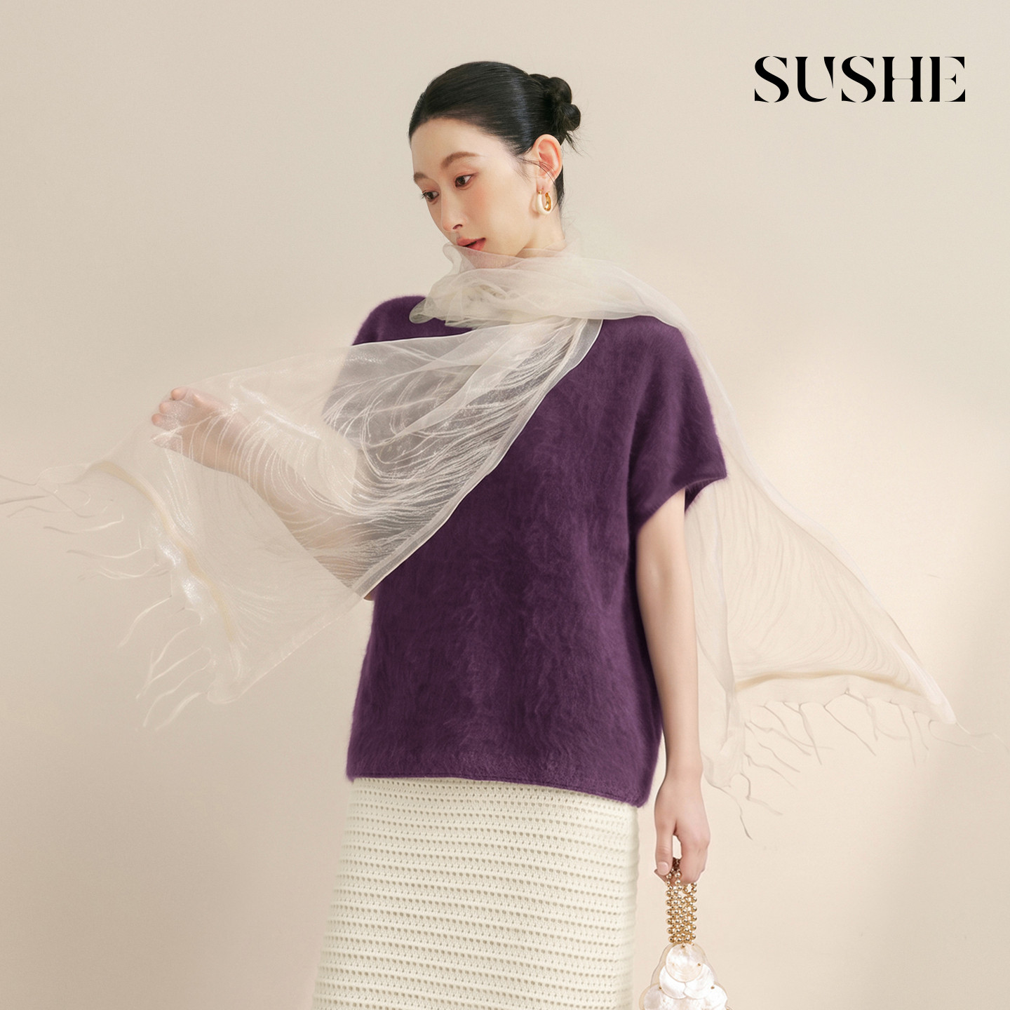 束皙SUSHE【熙语】定染多色拉毛羊毛宽松连肩短袖纯色卷边毛衣女