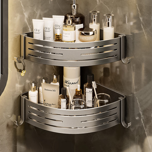 枪灰免打孔太空铝浴室置物架洗手间墙角收纳架卫生间三角篮壁挂架