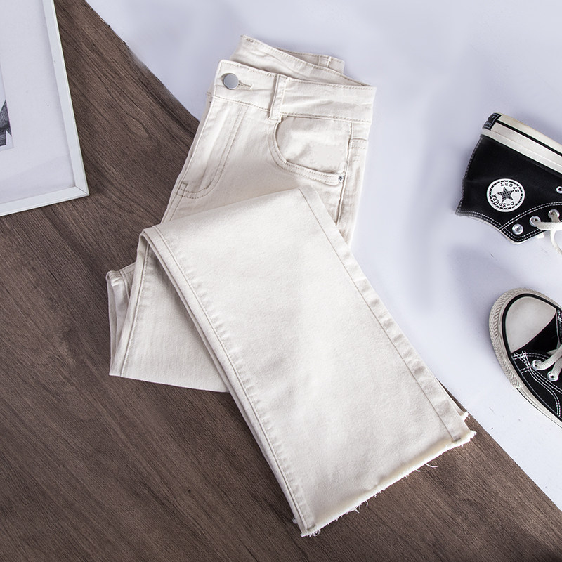 2024春季新款高腰显瘦微喇叭米白牛仔裤女小个子八分九分杏色