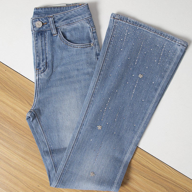 高腰镶钻微喇叭牛仔长裤