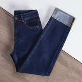 子女修身 显瘦春新款 明线九分烟管裤 复古蓝色高腰卷边牛仔裤 长裤