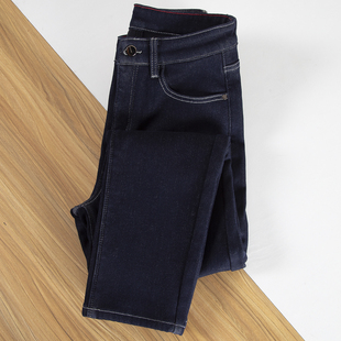 弹力深蓝色九分萝卜老爹裤 加绒丹宁蓝哈伦牛仔裤 女2025秋冬新款