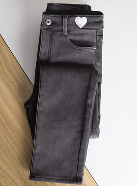 加绒烟灰色直筒牛仔裤女秋冬新款高腰显瘦宽松九分烟管长裤