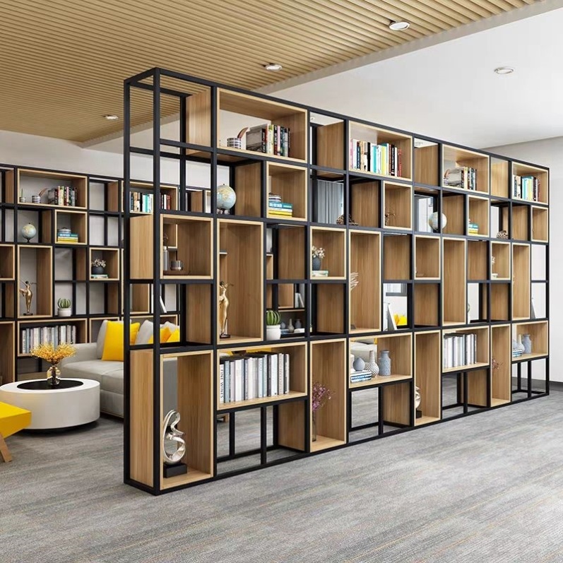 美式铁艺落地屏风隔断客厅架子实木书架现代简约展示架隔板置物新