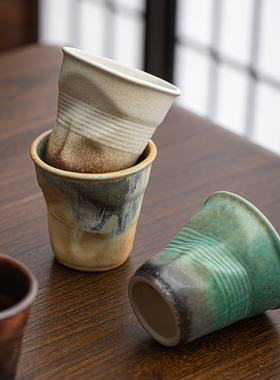 复古咖啡杯个性褶皱陶瓷纸杯创意小众手捏水杯手工窑变茶杯
