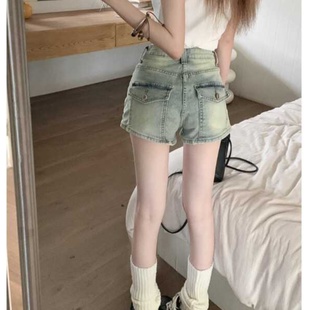 胖mm显瘦设计感口袋a字包臀热裤 美式 大码 复古高腰牛仔短裤 女夏季