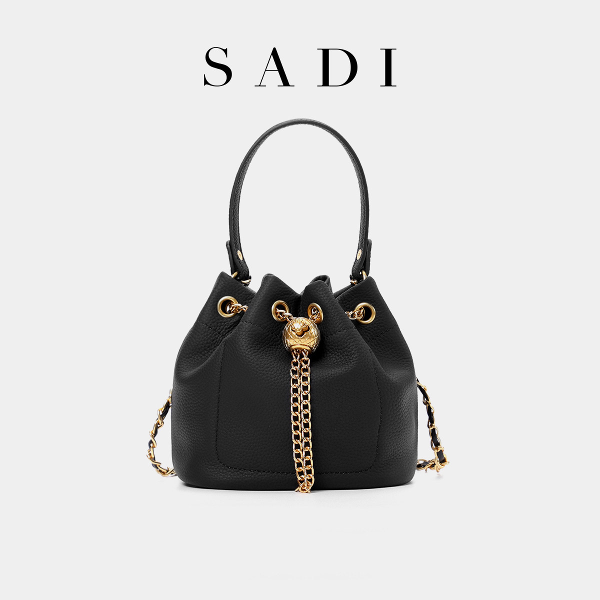 sadi萨迪2024新款单肩斜挎通勤牛皮百搭抽绳束口链条手提女水桶包