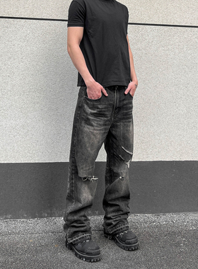 UNKNOWABLE美式复古高街VIBE毛边破洞牛仔裤男女潮宽松直筒阔腿裤