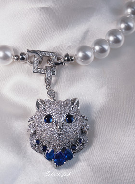 Selfish|精选|复古vintage动物园系列蓝宝石色小猫胸针吊坠多用款