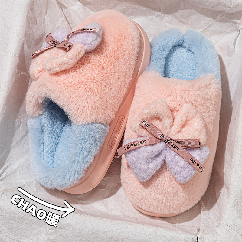 蝴蝶结毛绒棉拖鞋女秋冬季2025新