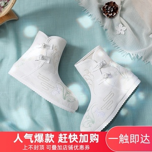 古装汉服鞋女中国风绣花鞋短筒女靴春秋百搭白色演出盘扣加绒单靴