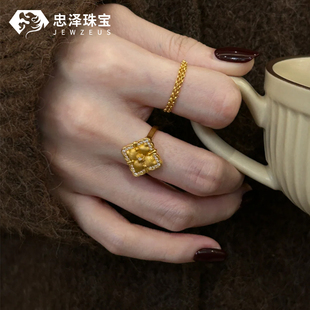 黄金拉丝点钻四叶草戒指女新款999足金镶嵌小方块指环礼物送女友