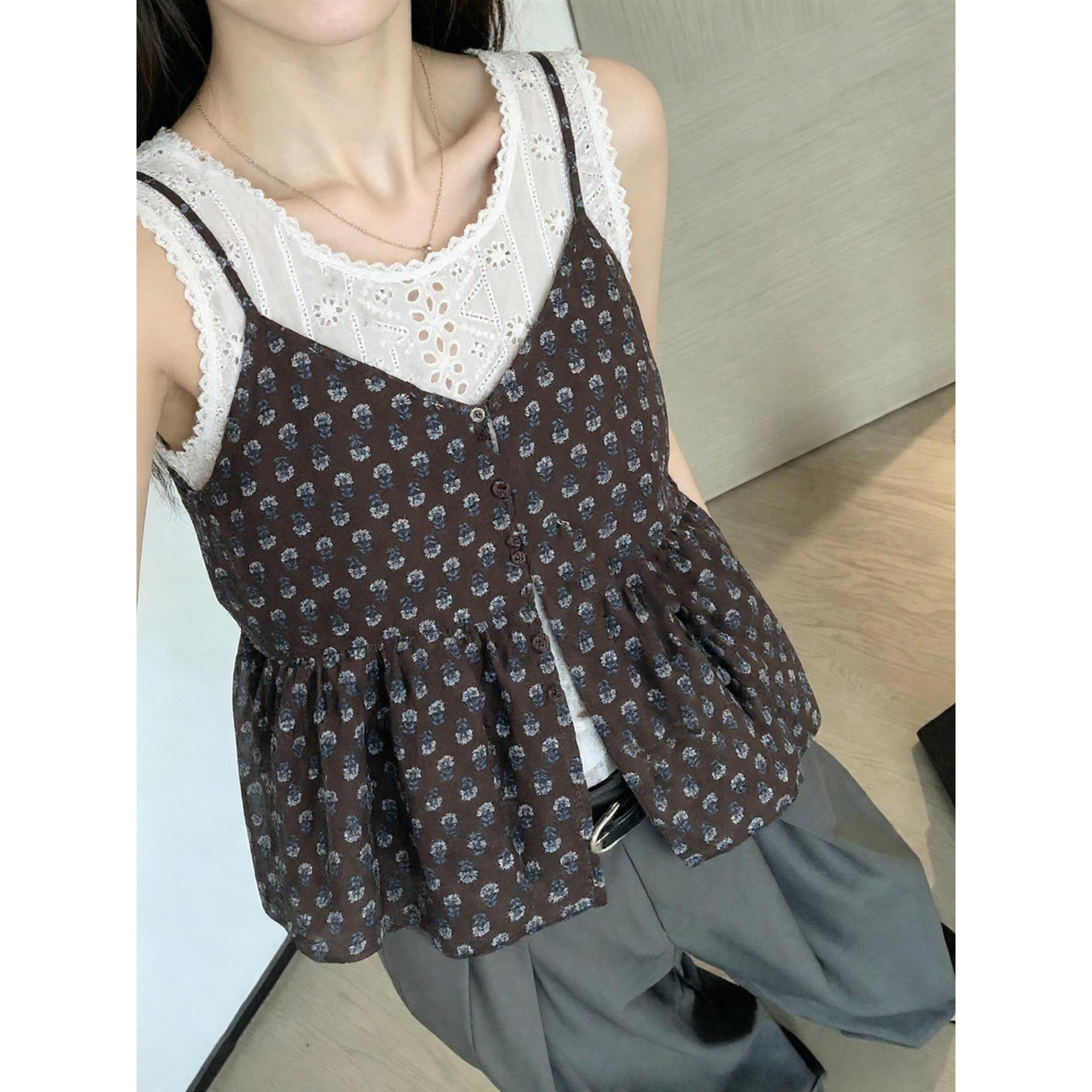法式叠穿无袖碎花v领吊带背心女