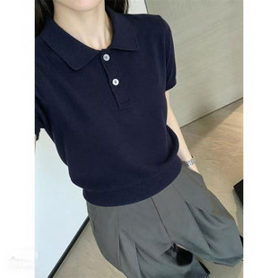 法式老钱风POLO领针织短袖t恤女夏季高级感气质收腰翻领正肩上衣
