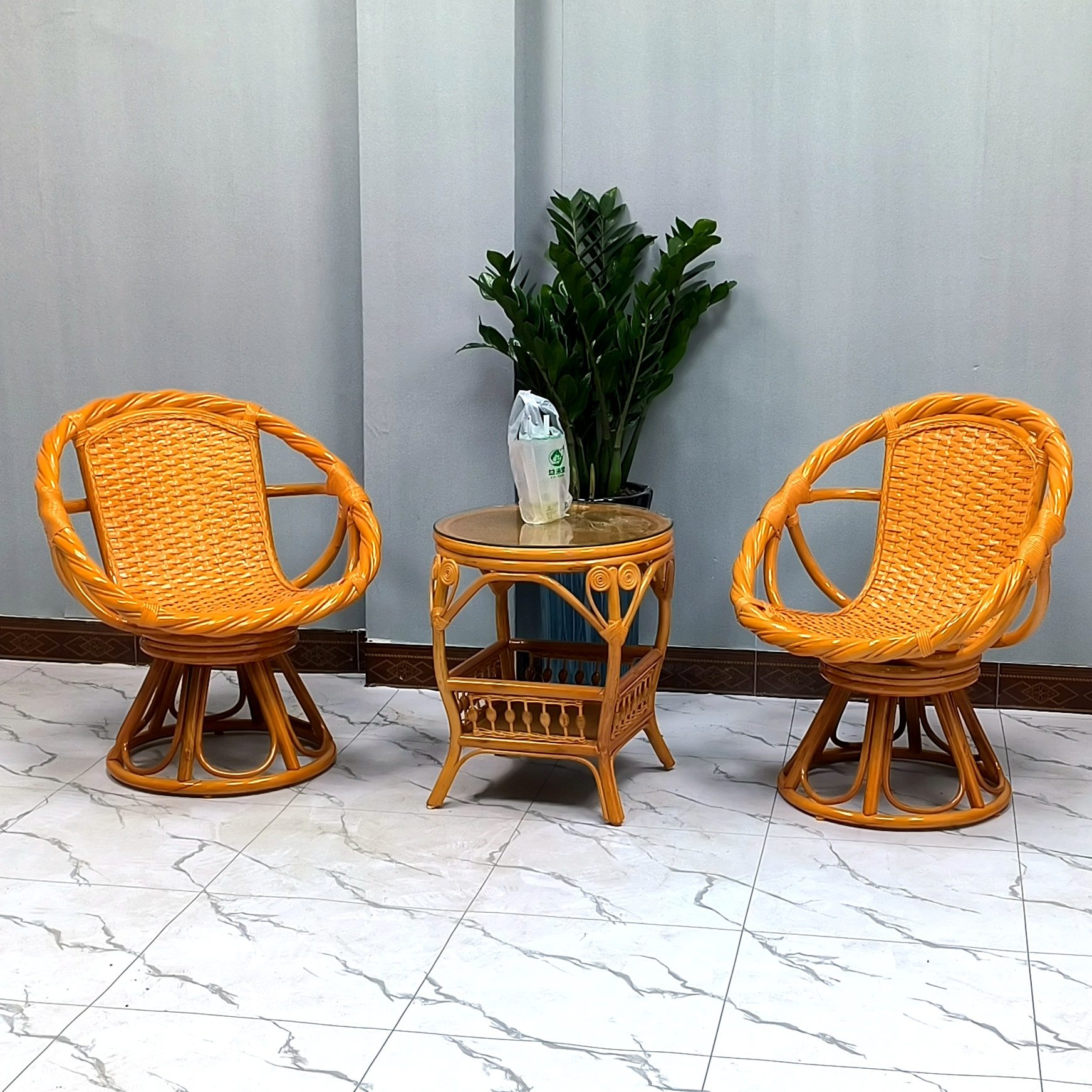 阳台旋转藤椅三件套新中式休闲客厅圆桌真腾椅子喝茶几组合靠背椅,住宅家具,阳台椅,淘宝优惠券,粉丝福利购,淘宝优惠卷