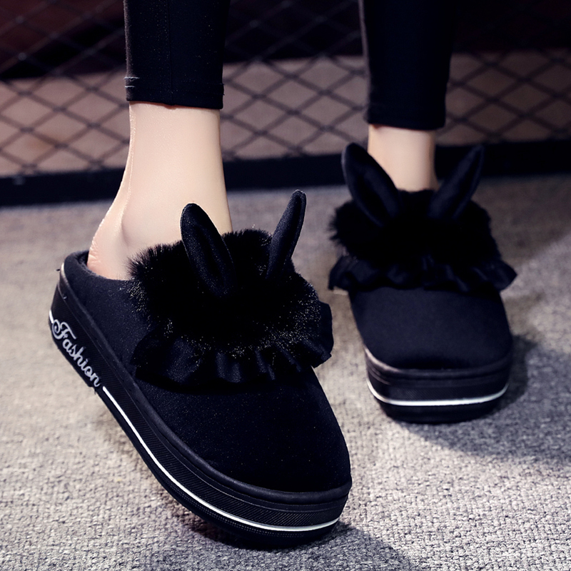 用加绒厚底防滑毛毛月子棉拖鞋