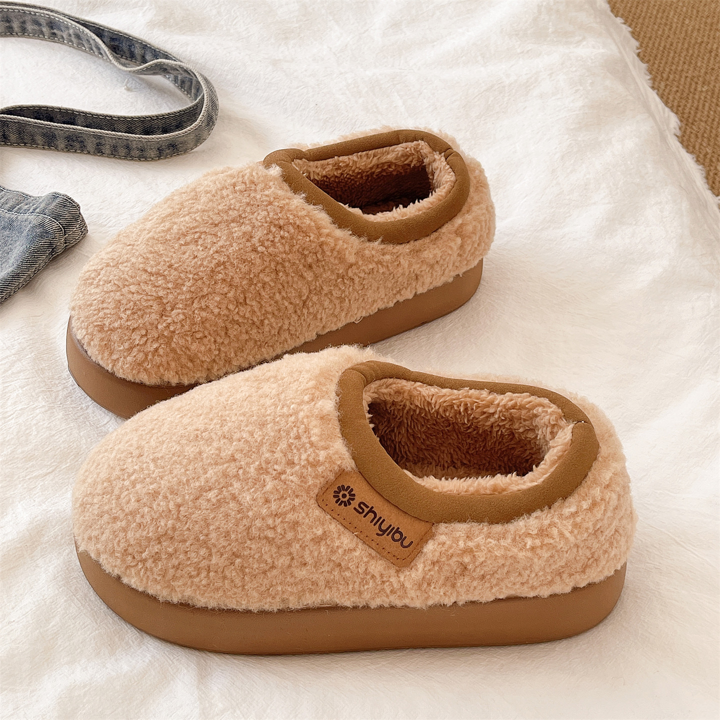 保暖加绒厚底防滑包跟棉拖鞋