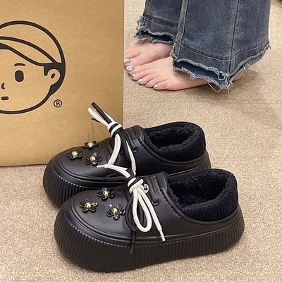 时尚系带花朵冬季新款保暖棉拖鞋