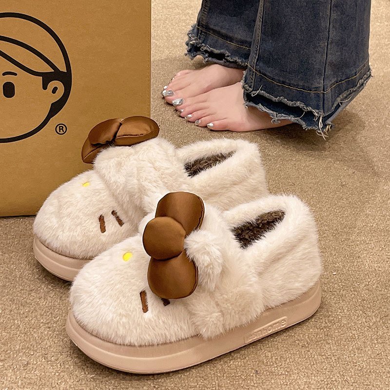 可爱蝴蝶结猫咪毛绒棉拖鞋