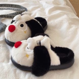 厚底棉拖鞋女冬季可爱骨头小狗室内家居包头防滑保暖毛绒月子拖鞋