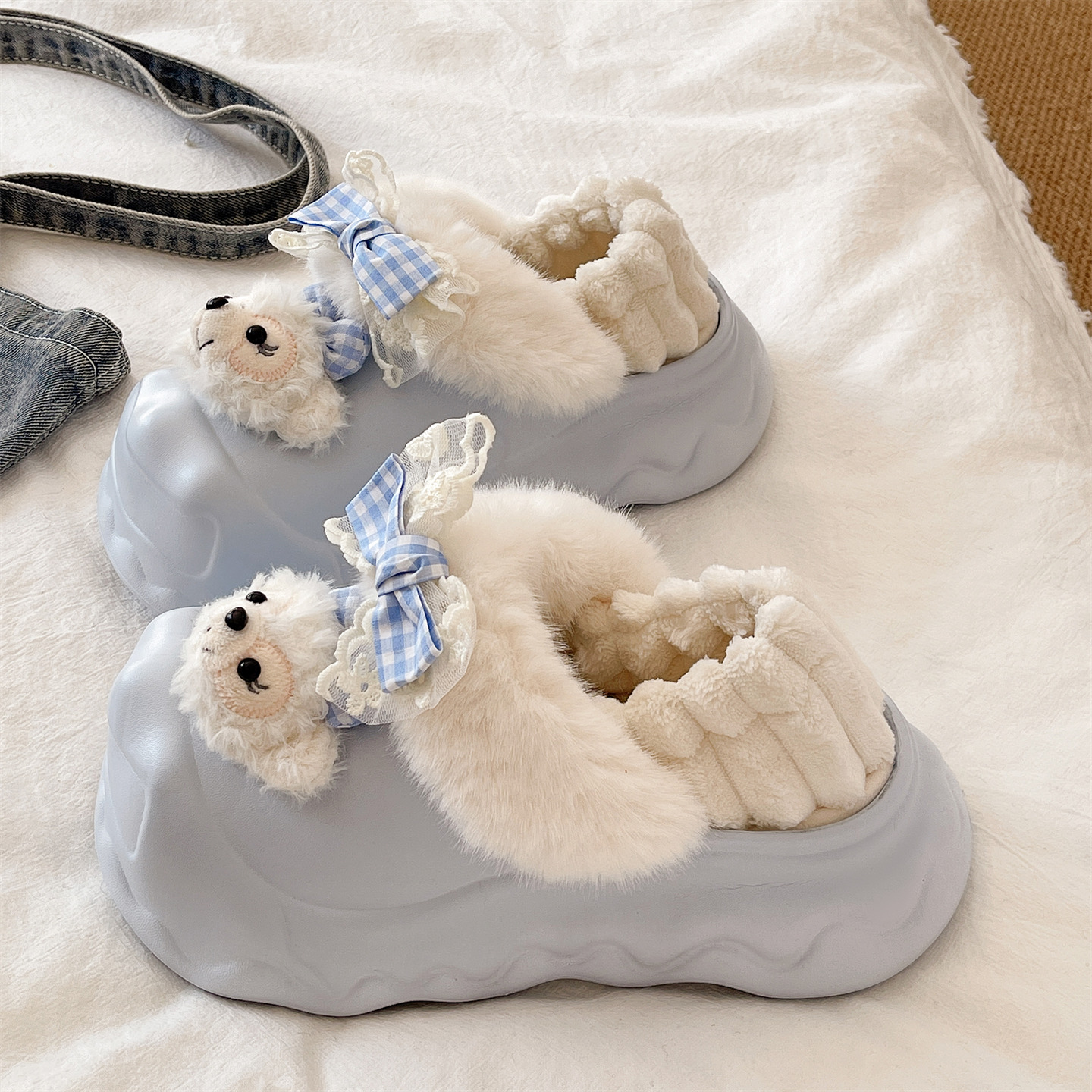 可爱玩偶蝴蝶结包跟棉拖鞋