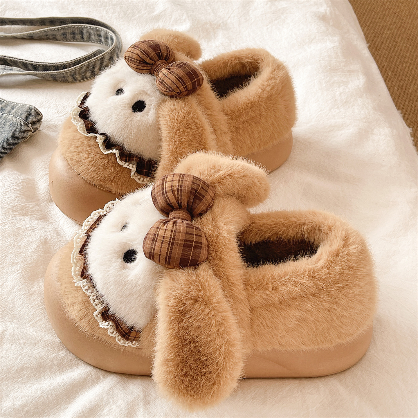 可爱蝴蝶结小狗包跟棉拖鞋