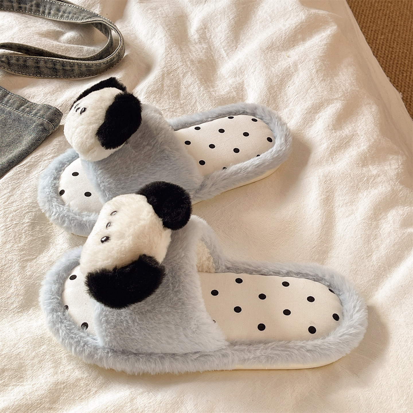 可爱小狗波点软底保暖棉拖鞋