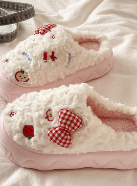 月子毛毛鞋女冬季可爱蝴蝶结苹果居家室内保暖加绒厚底防滑棉拖鞋