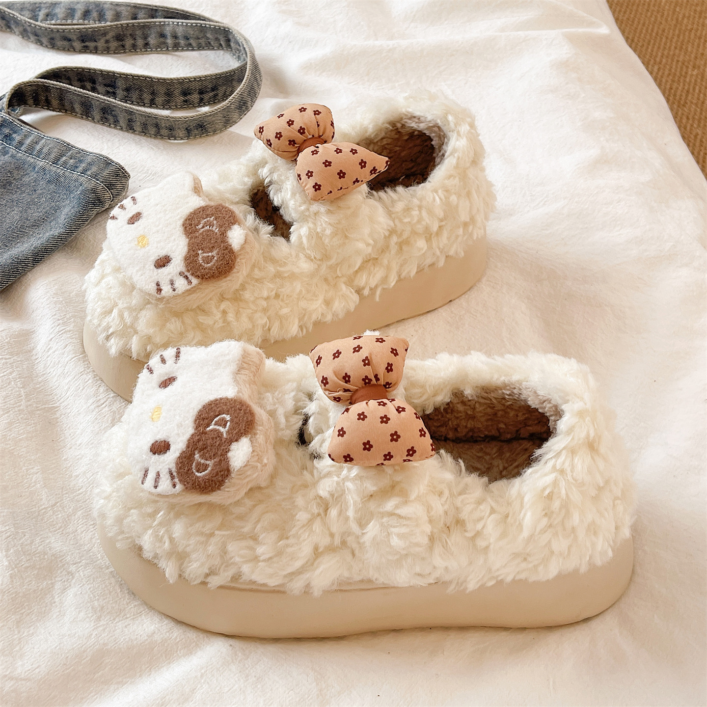 俏绘可爱猫咪蝴蝶结加绒包跟棉鞋