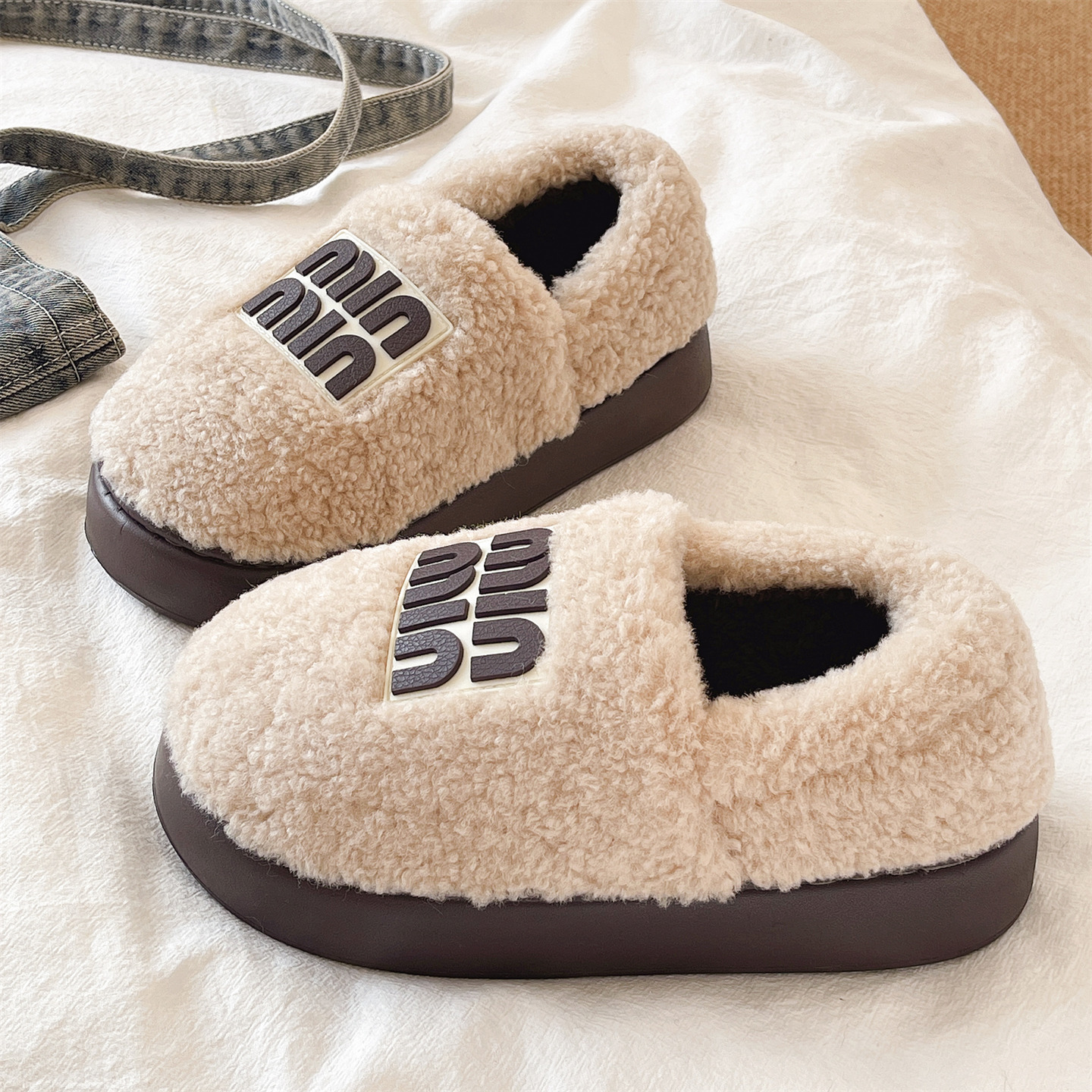 时尚字母厚底保暖包跟棉拖鞋