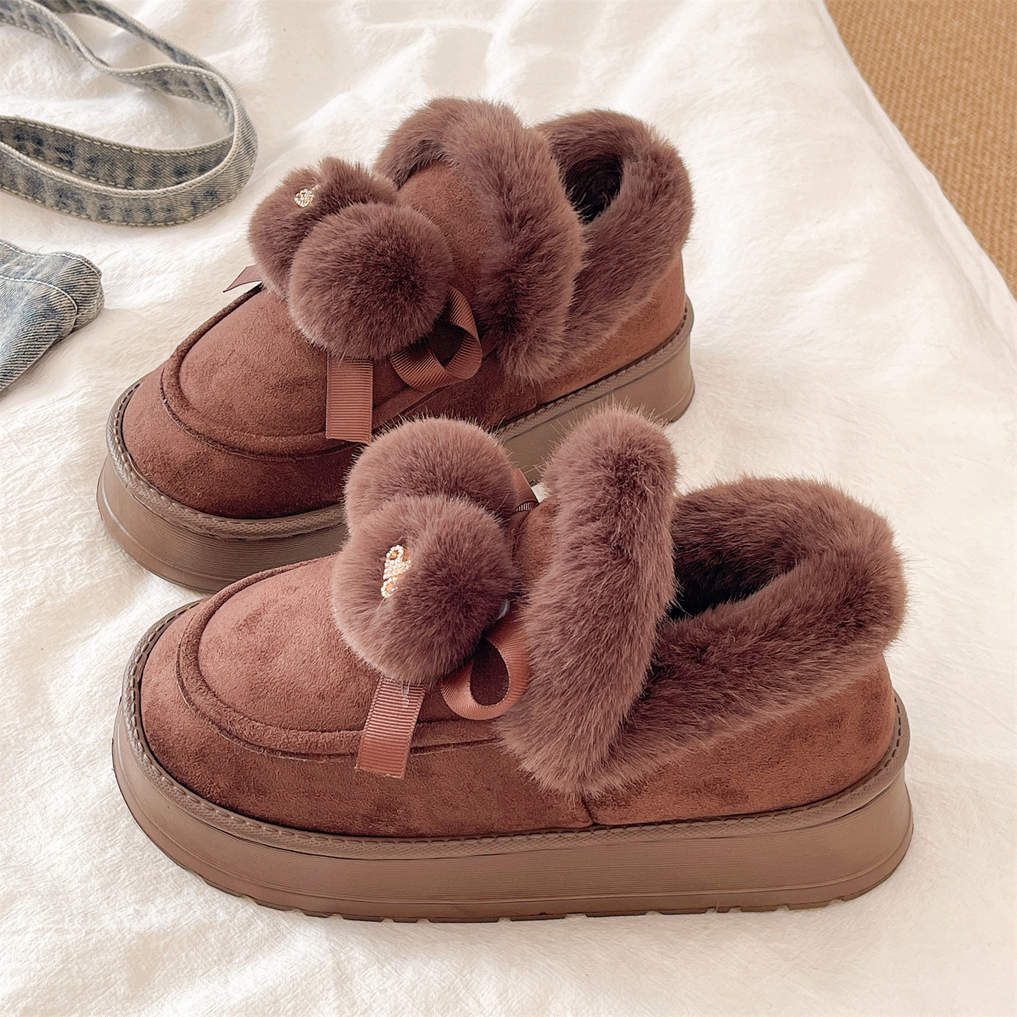 可爱毛球厚底加绒包跟棉拖鞋