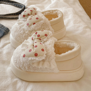 厚底增高棉拖鞋女款冬季可爱波点蝴蝶结居家保暖加绒包跟月子棉鞋