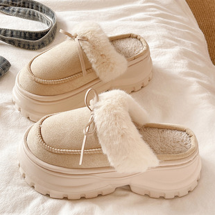 棉拖鞋女款冬季可爱蝴蝶结室内家居厚底增高包头保暖加绒毛毛拖鞋