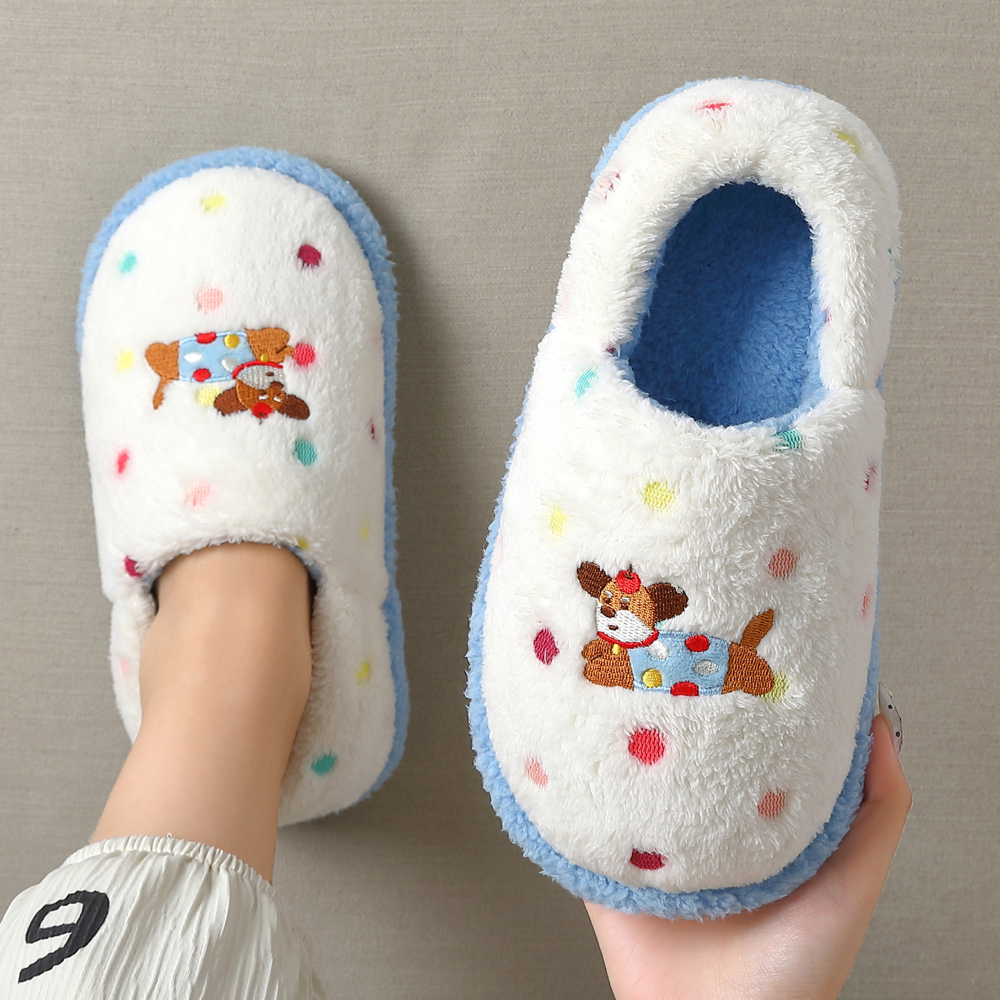 俏绘可爱腊肠狗厚底包跟棉拖鞋