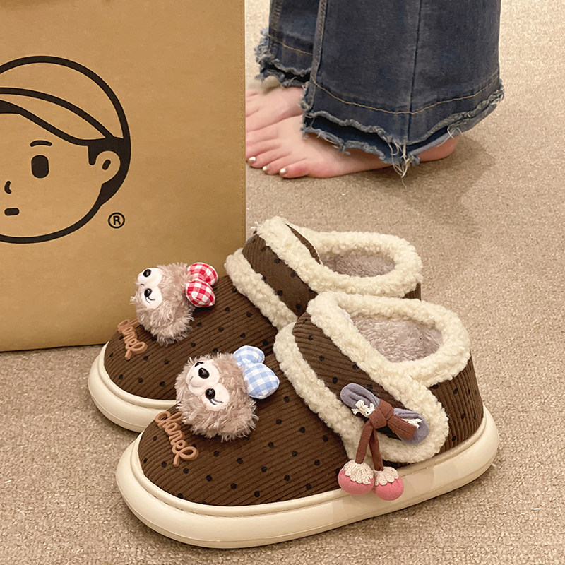 魔术贴棉拖鞋女款冬季外穿卡通可爱波点加绒保暖居家室内包跟棉鞋,女鞋,毛毛鞋,淘宝优惠券,粉丝福利购,淘宝优惠卷