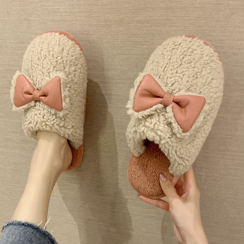 子鞋蝴蝶结毛绒半拖棉鞋