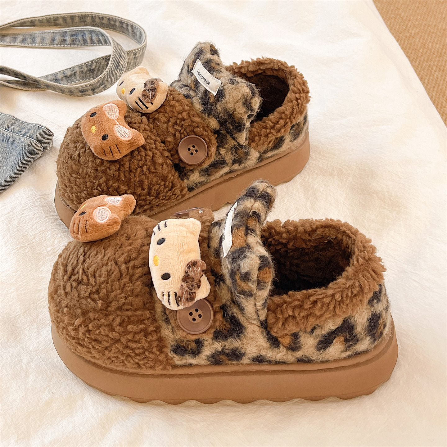 可爱猫咪豹纹厚底包跟棉拖鞋